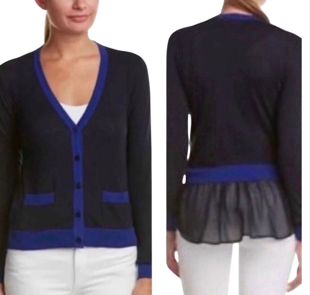 CAbi Michelle Button Front cardigan Medium Navy & royal edging Back Tulle ruffle